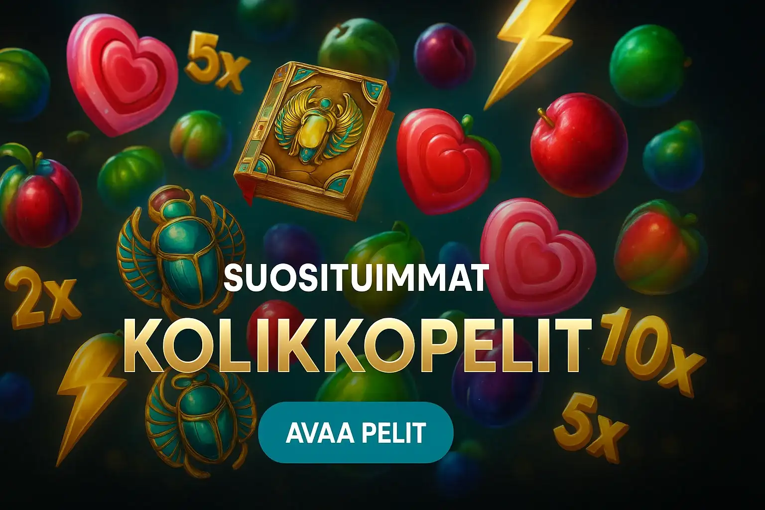 Fotorealistinen suomalainen kasinobanneri, kolikkopelisymbolit ja kultaiset kertoimet tummalla taustalla