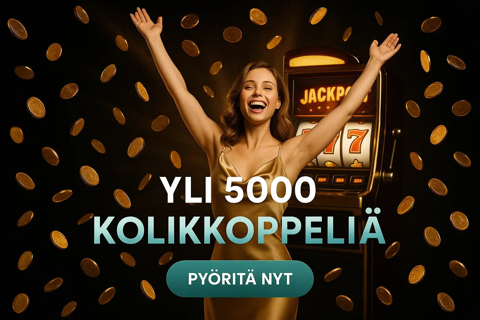 Suomalainen kasino banneri, nainen kultamekossa, kultakolikot ja jackpot-kolikkopeli