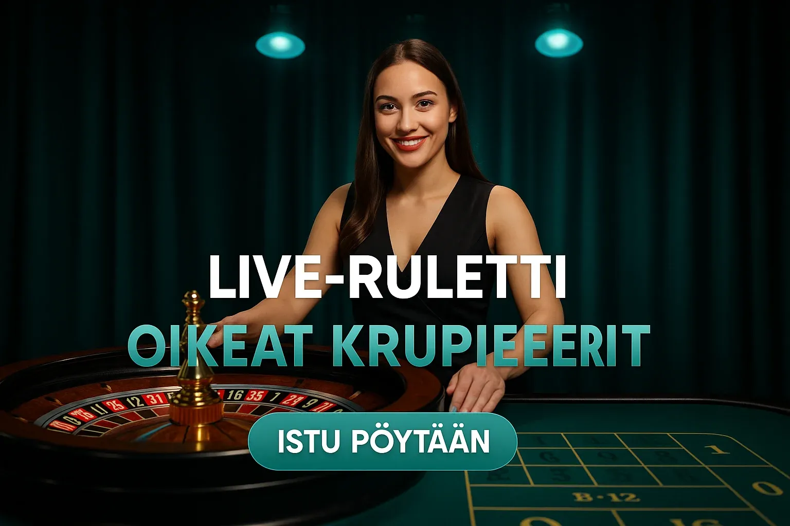Fotorealistinen live-ruletti banneri, hymyilevä krupieeri ja kultainen rulettipyörä