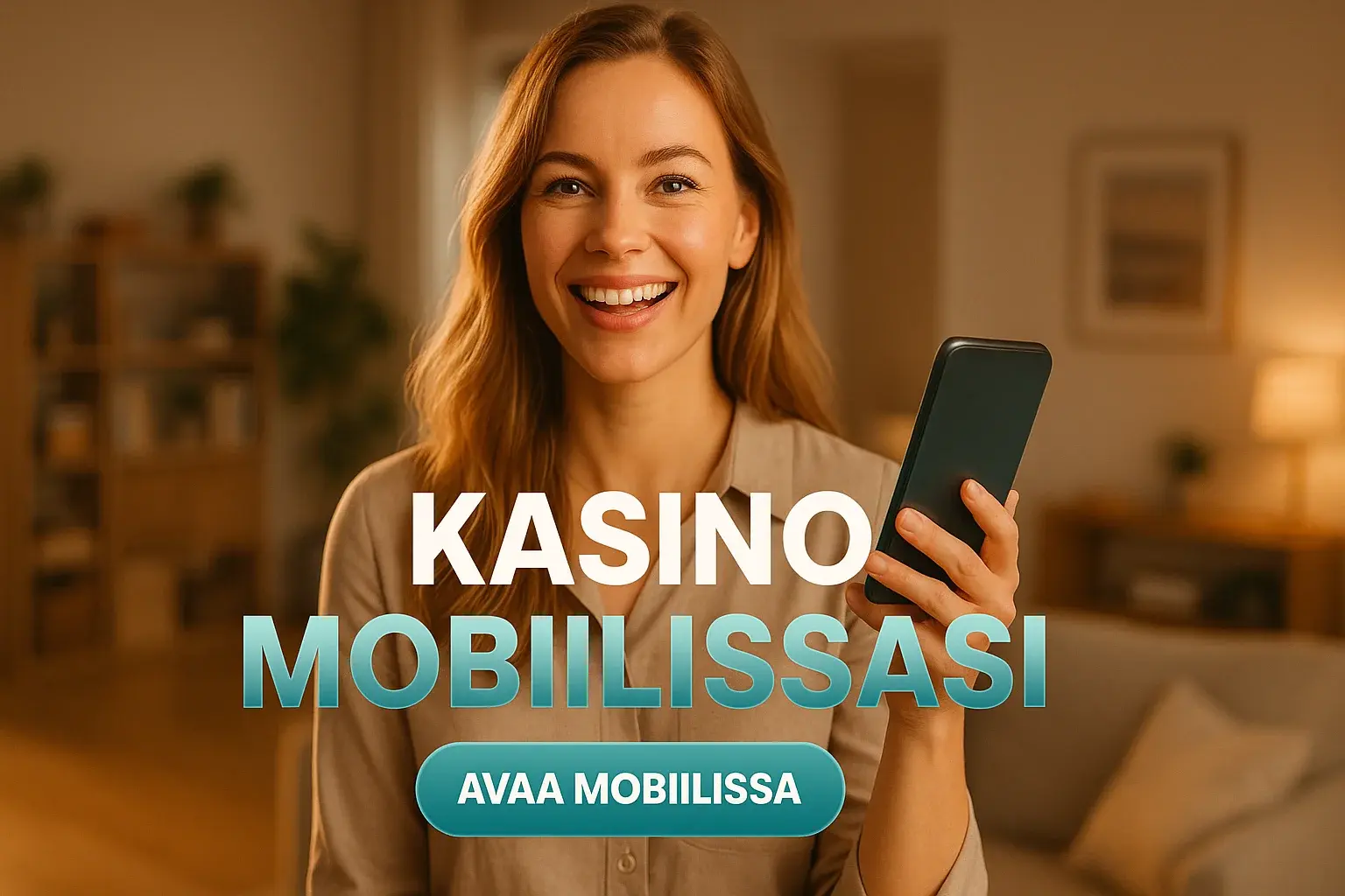 Leveä suomalainen kasinobanneri, nainen hymyilee ja pitää älypuhelinta kädessä